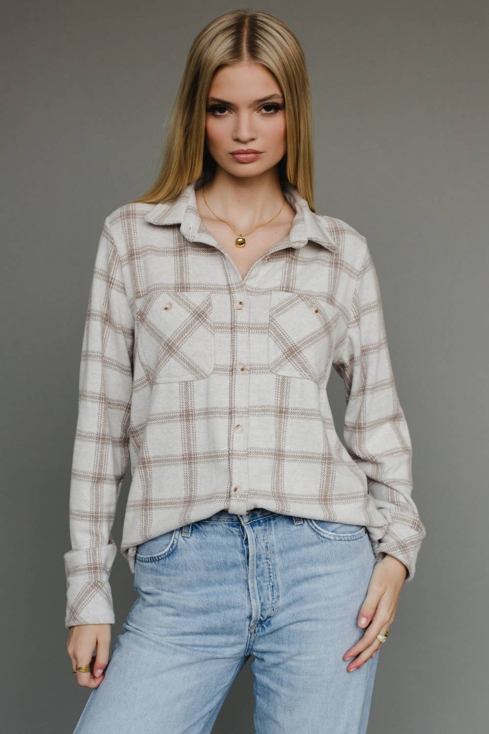 Lt. Tan & Brown Plaid Button Up