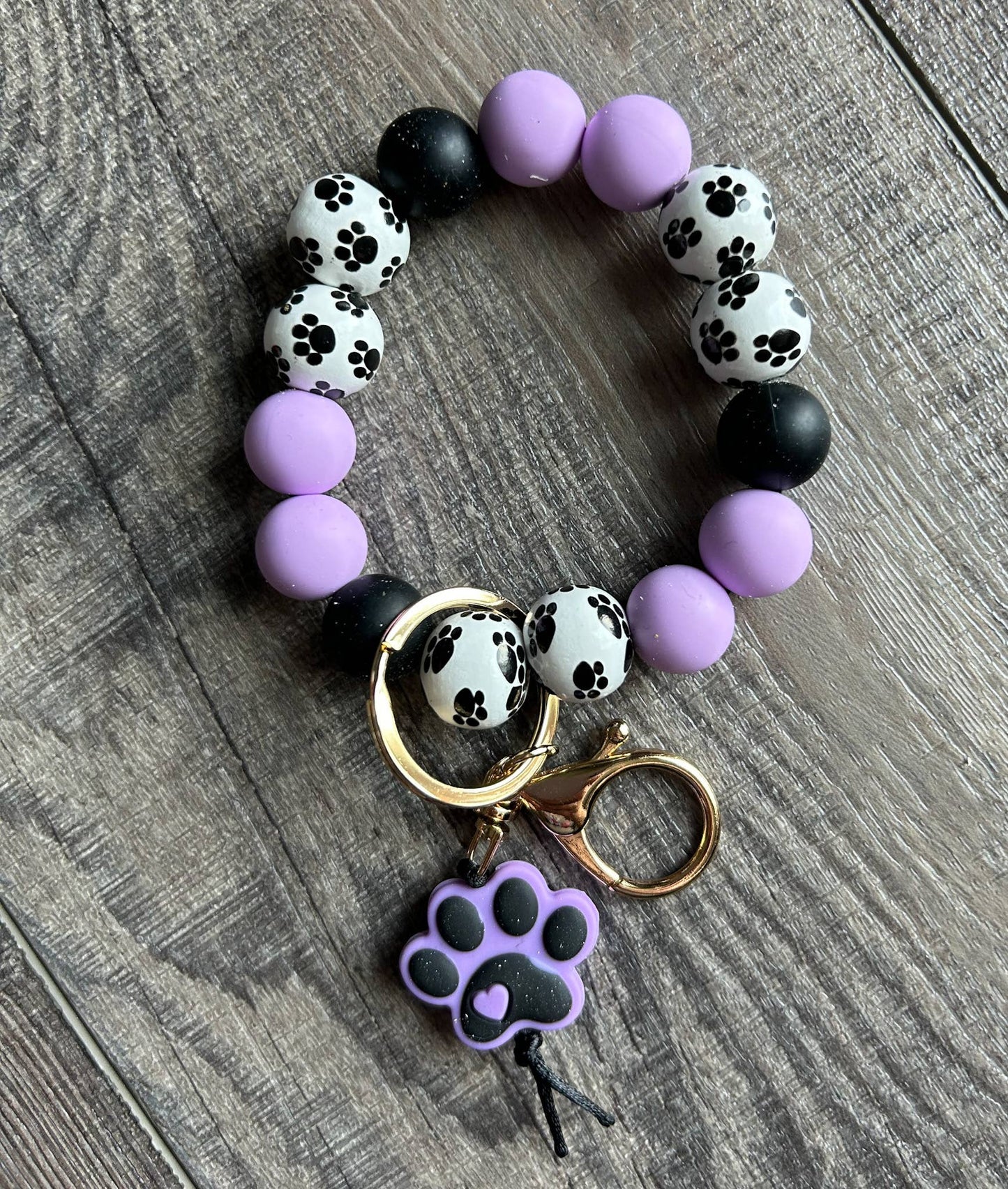 Paw Print Silicone and Wooden Bead Wristlet Keychain: Purple