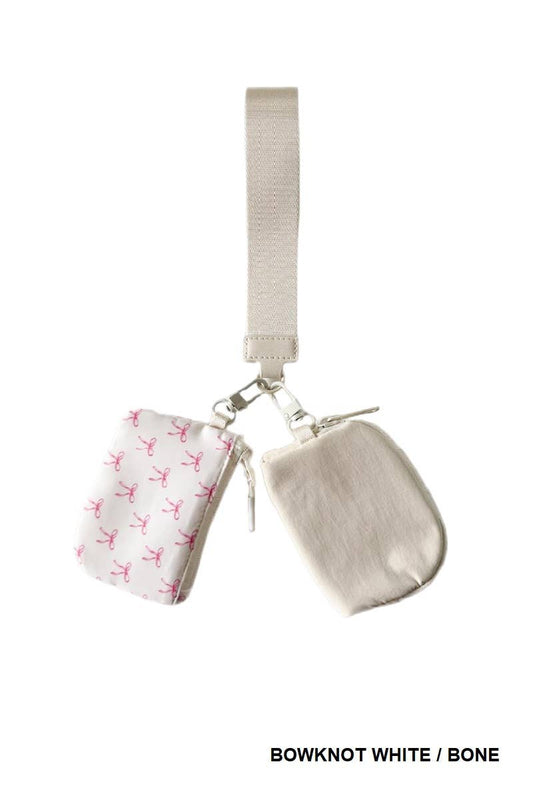 Dual Pouch Wristlet Keychain Wallet: BOWKNOT WHITE/BONE