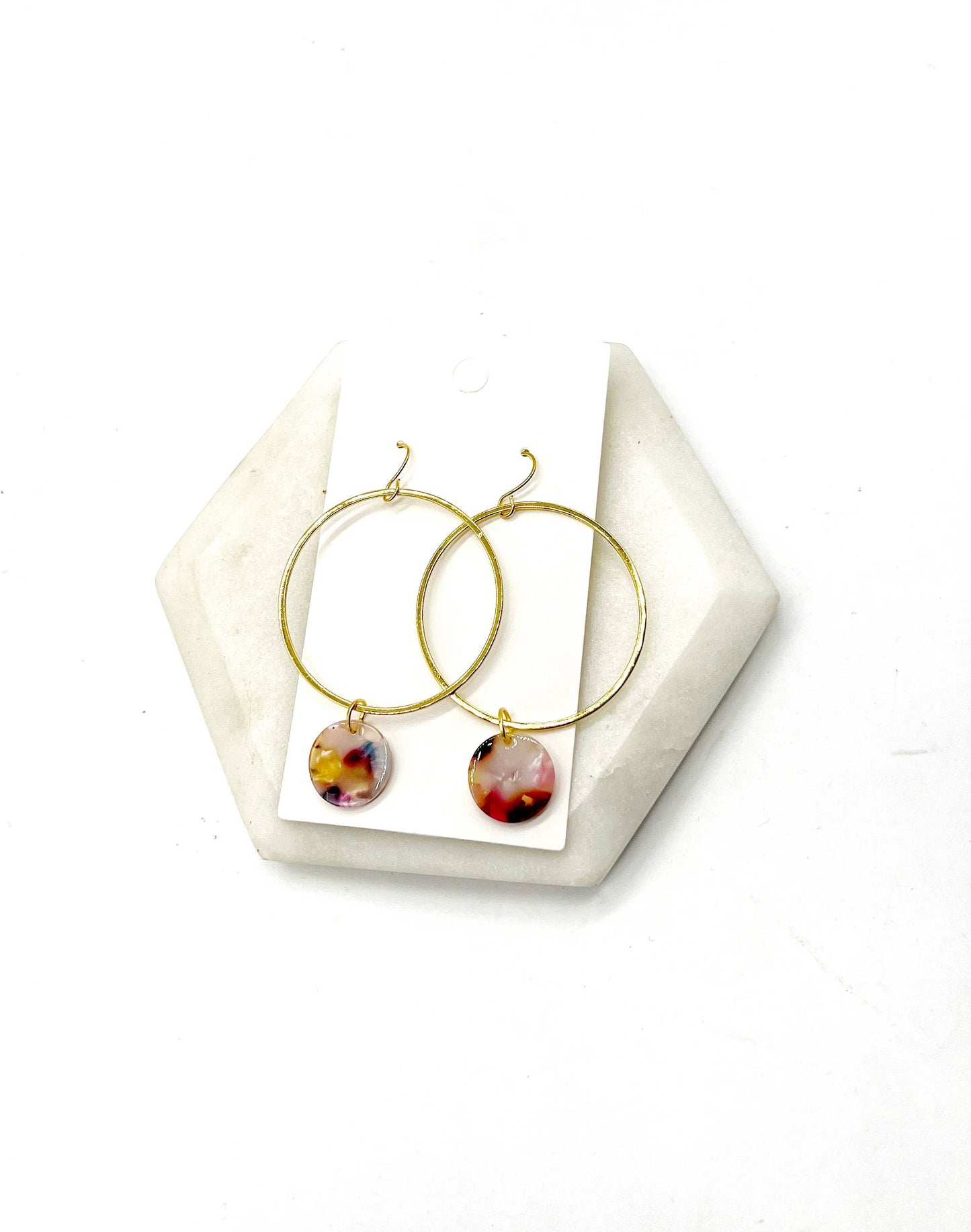 Gold Metal Hoop Earrings Multi-Color Acrylic Disc Statement