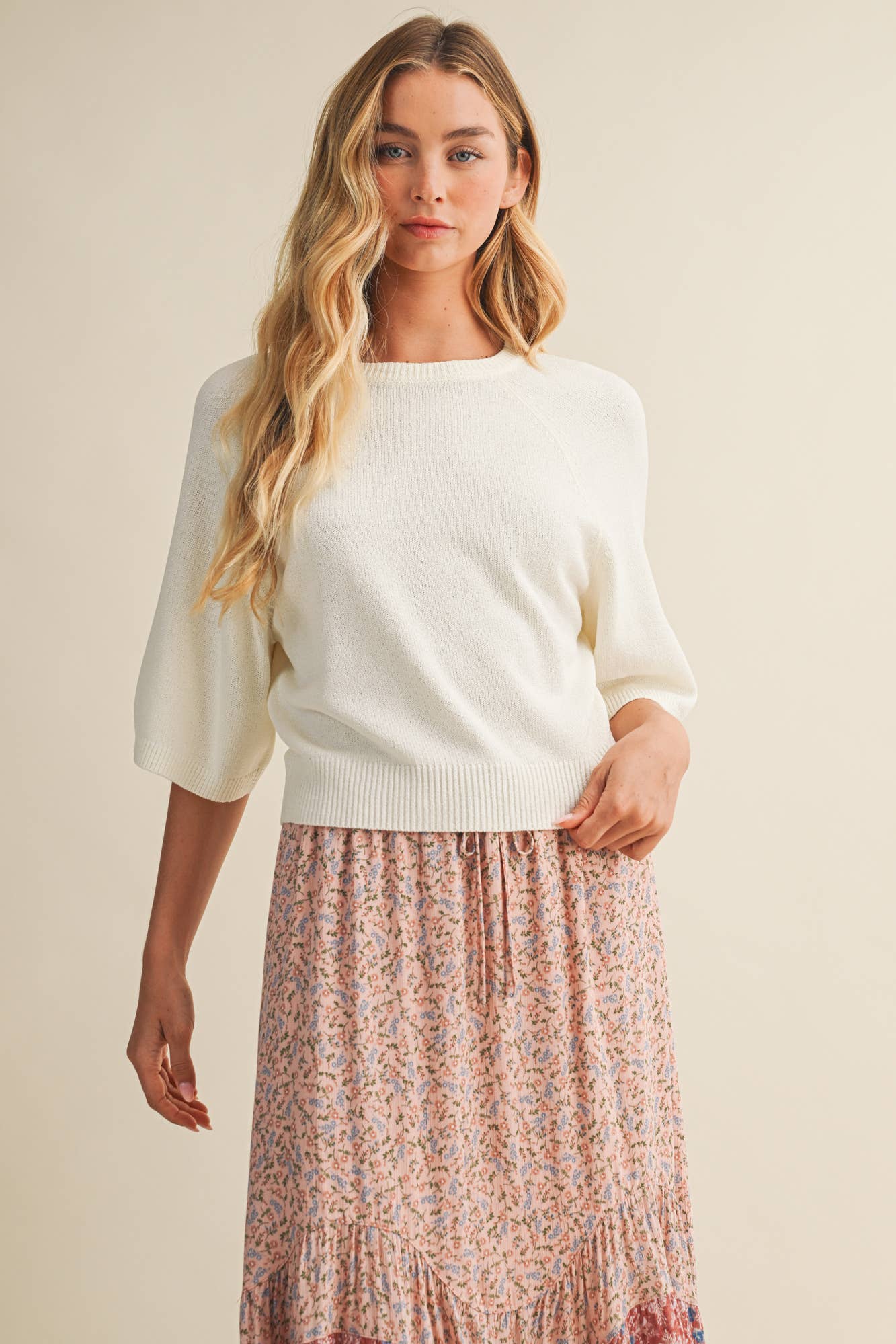 Cream Raglan Short Sleeve Sweater