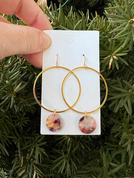 Gold Metal Hoop Earrings Multi-Color Acrylic Disc Statement