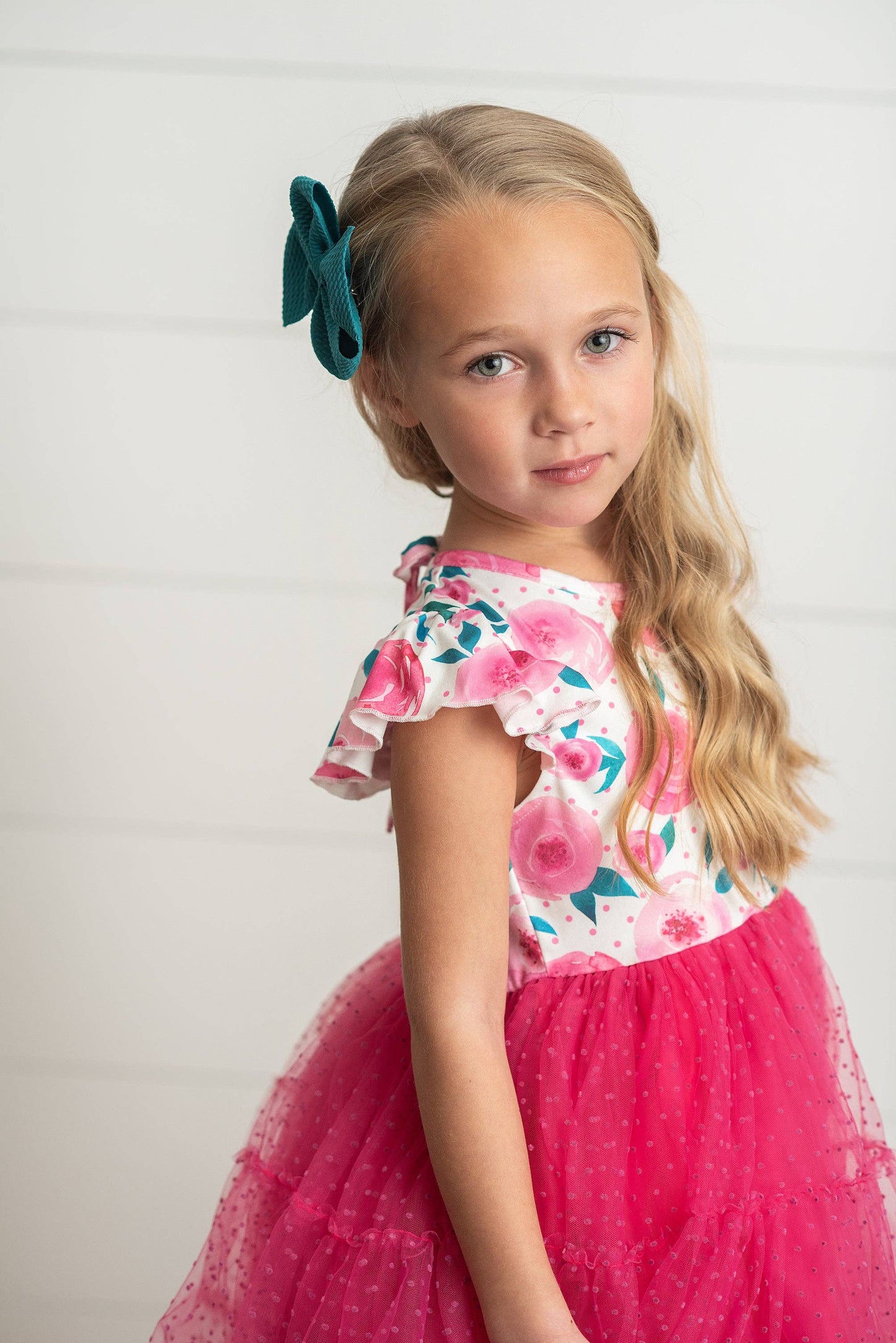 Girls Bright Pink Rose Tiered Tulle Dress