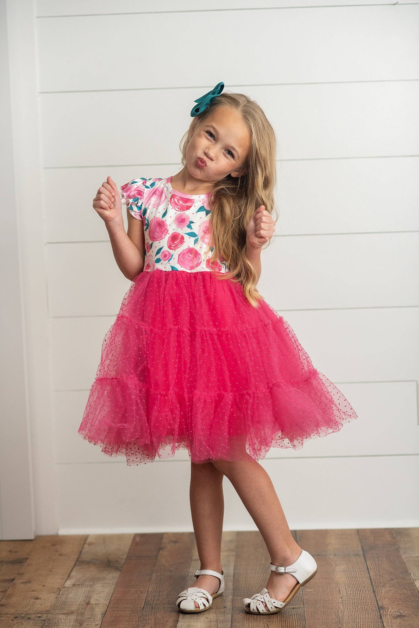 Girls Bright Pink Rose Tiered Tulle Dress
