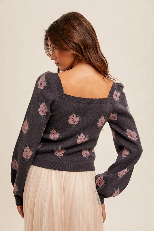 Square Neck Floral Sweater