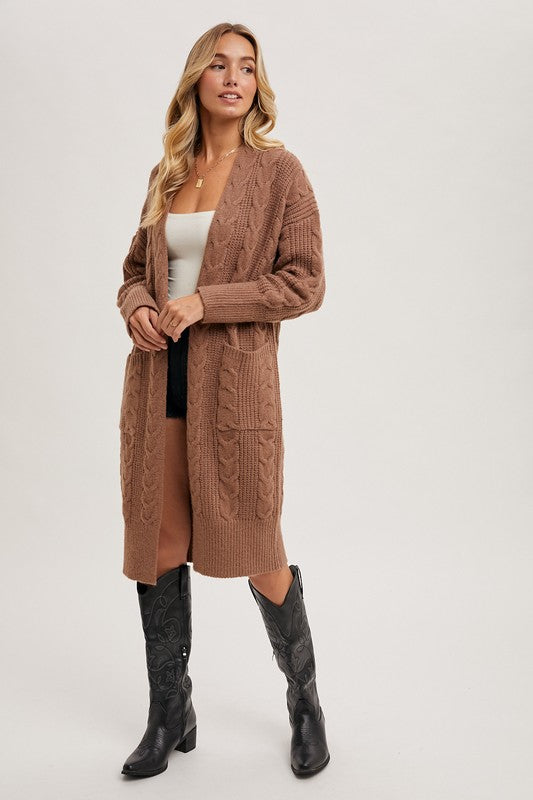 Mocha Cable Knit Long Line Cardigan