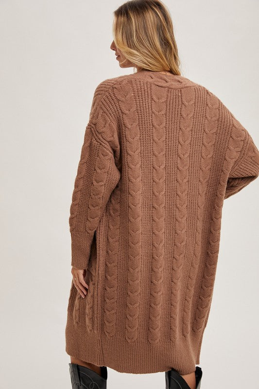 Mocha Cable Knit Long Line Cardigan