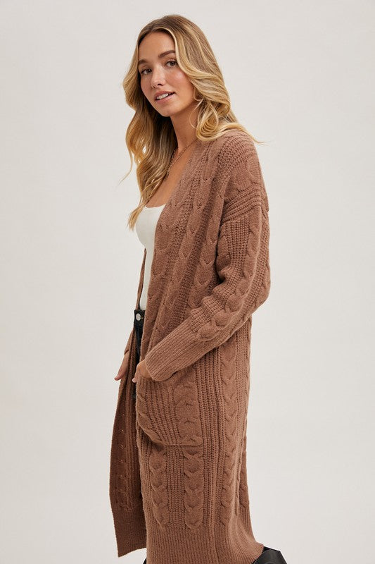 Mocha Cable Knit Long Line Cardigan