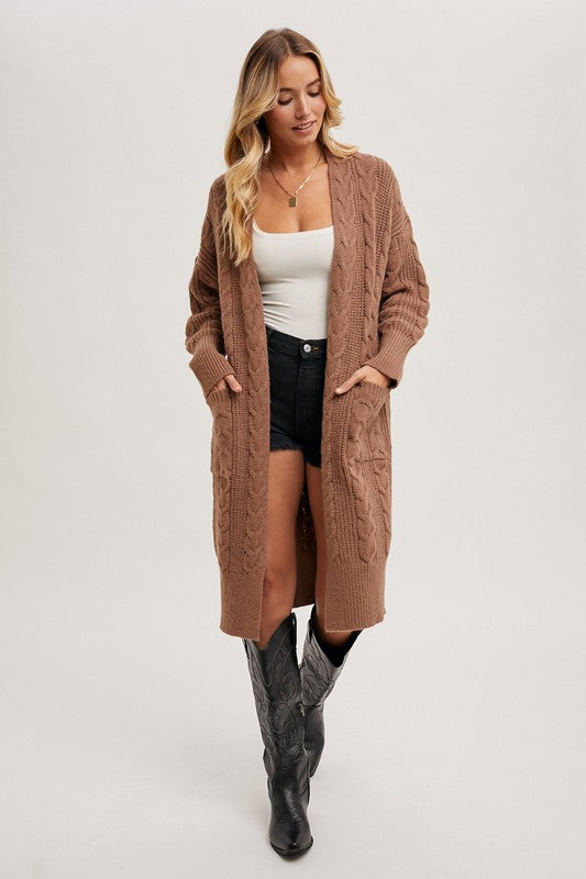 Mocha Cable Knit Long Line Cardigan