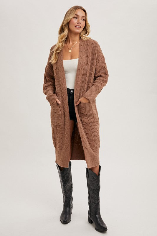 Mocha Cable Knit Long Line Cardigan