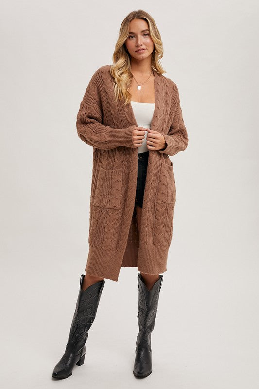 Mocha Cable Knit Long Line Cardigan