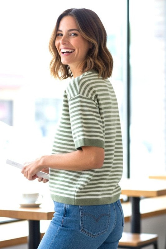 Sage Striped Short Sleeve Sweater