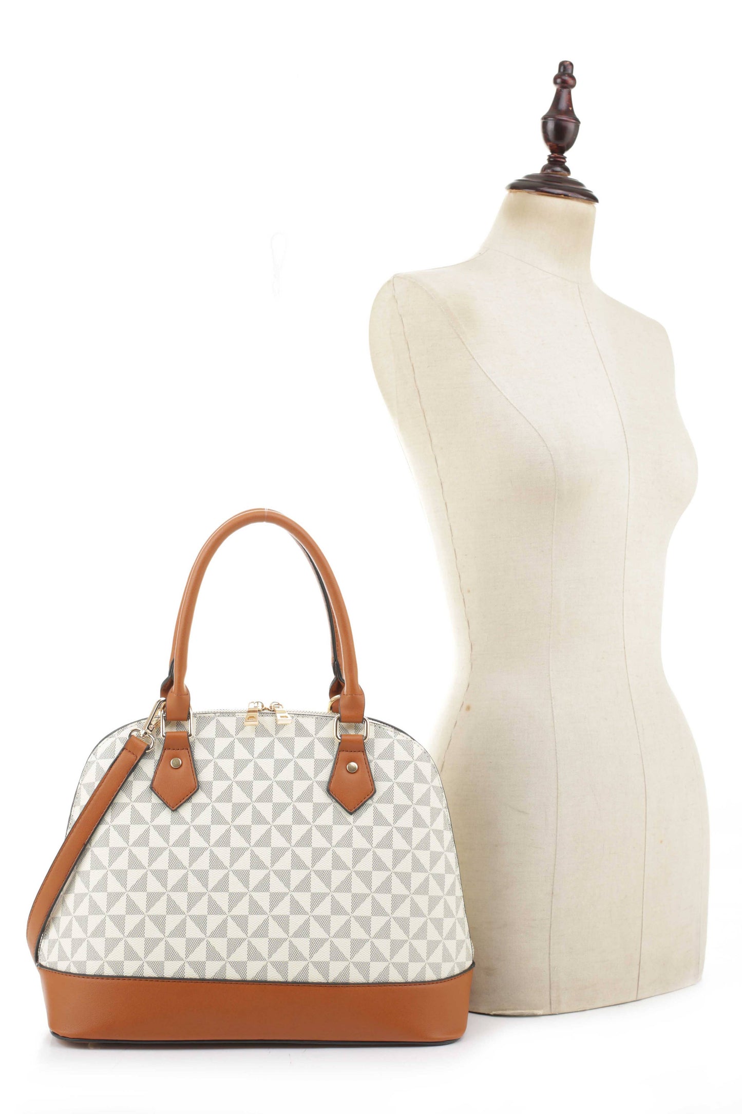 Geometric Monogram Designer Dome Satchel Set: Beige/Brown