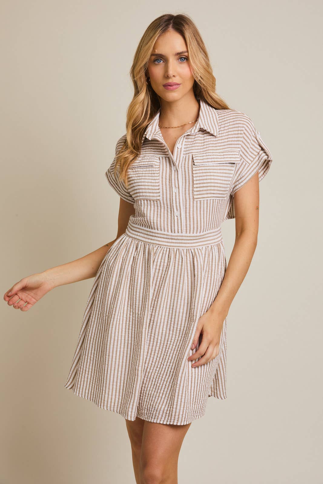 White and Taupe Striped Dress