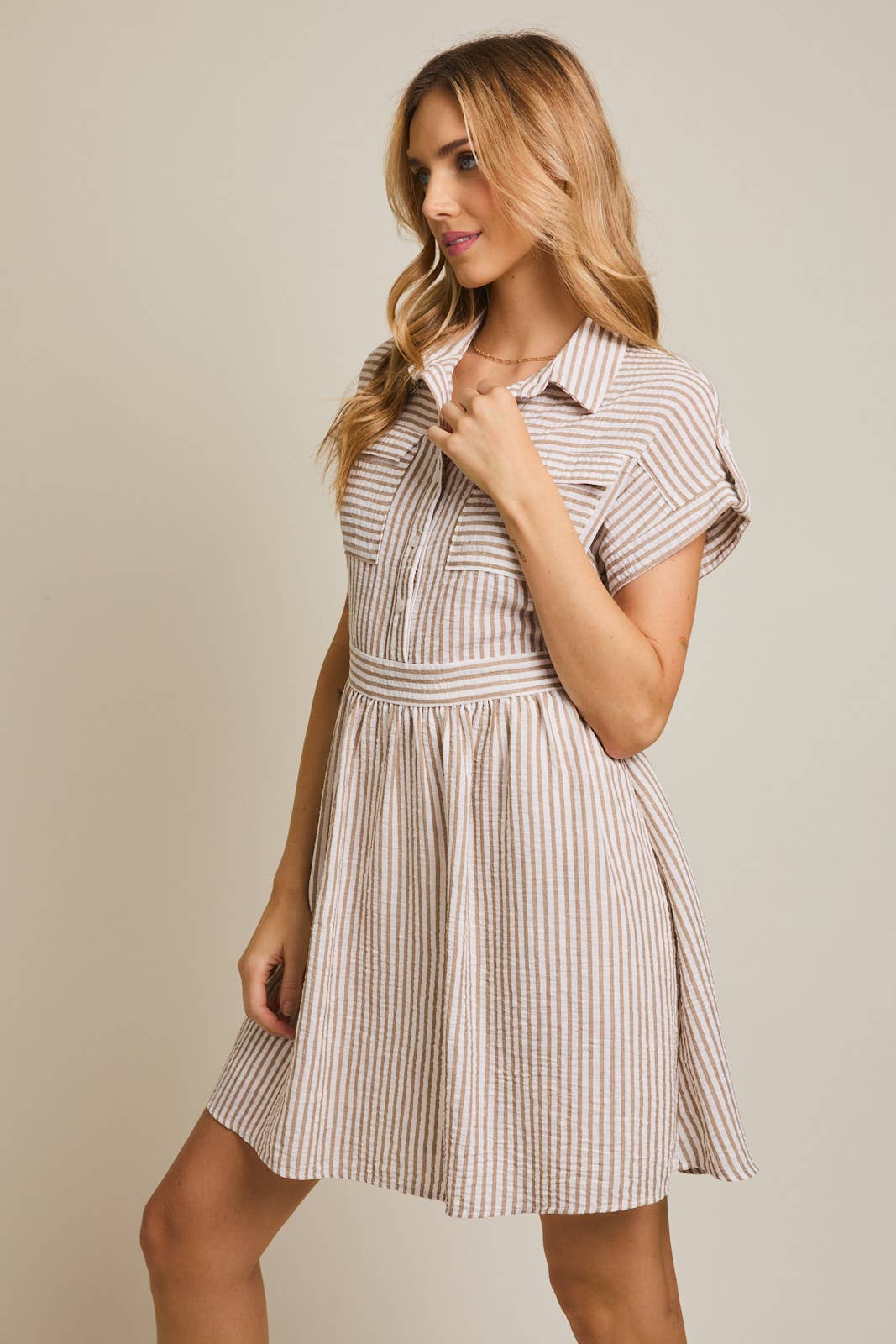 White and Taupe Striped Dress