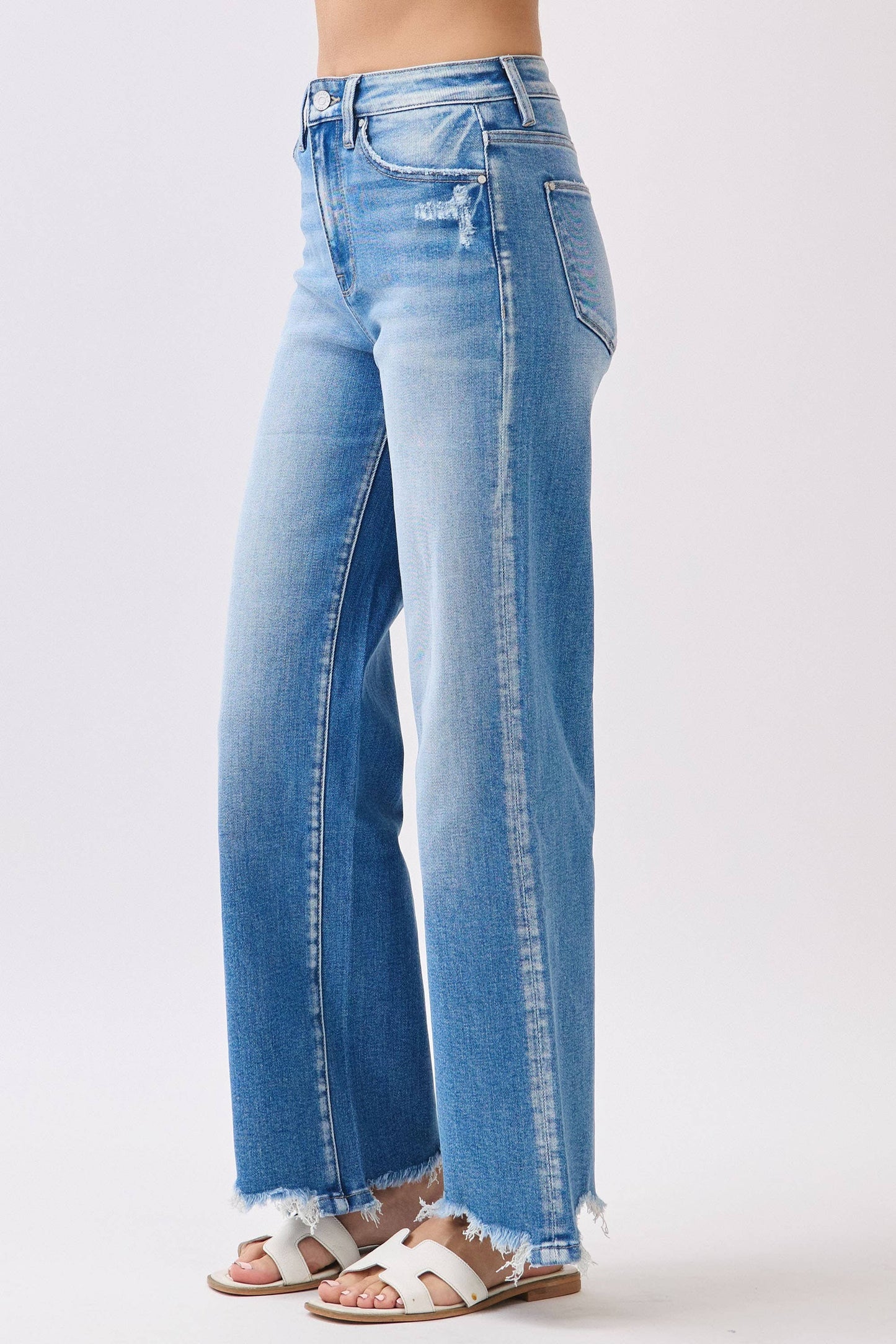 HIGH RISE STRETCH  WIDE LEG  DESTROYED HEM JEANS