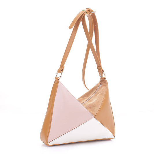 Geometric Color Block Triangle Fold Crossbody Bag: Brown
