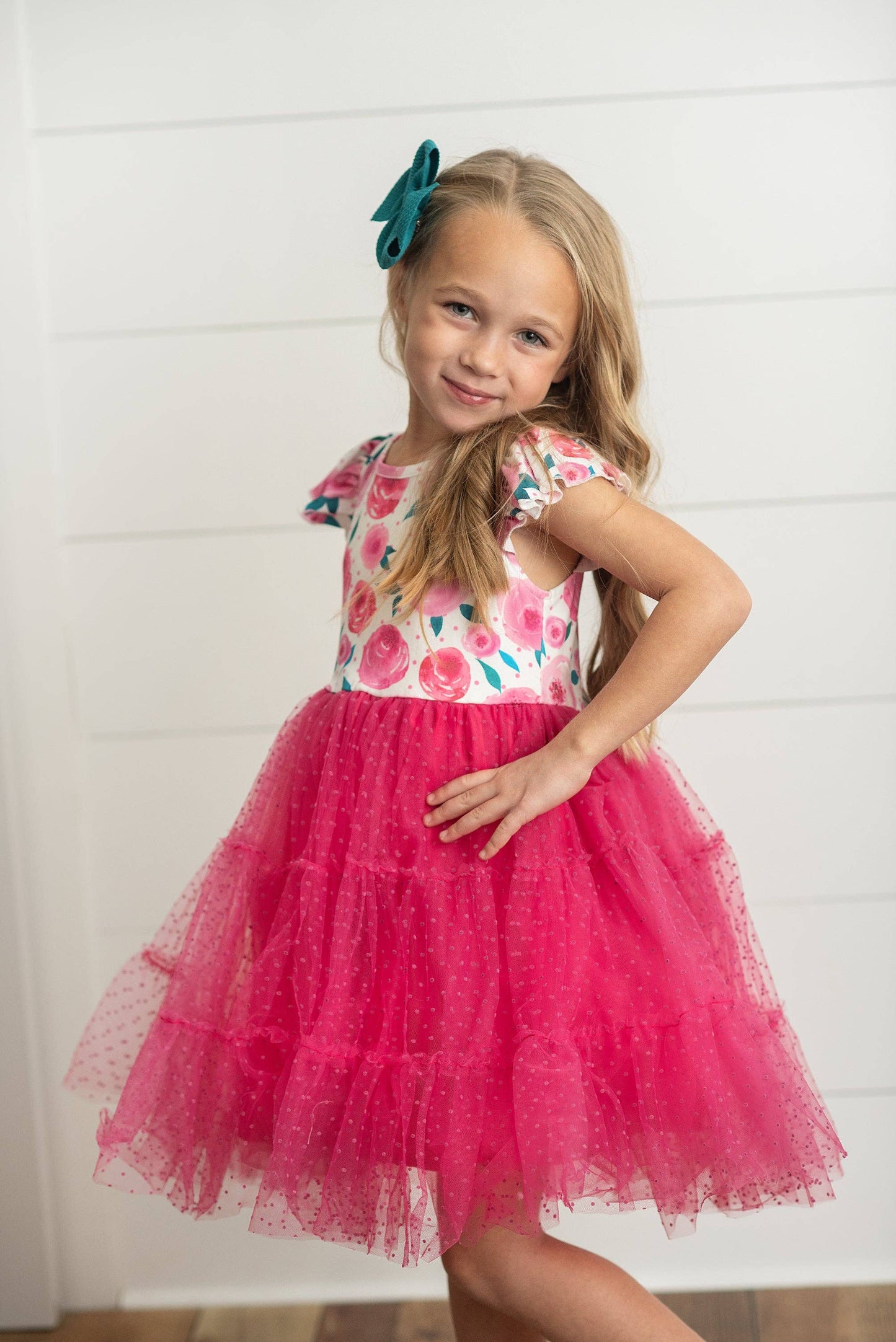 Girls Bright Pink Rose Tiered Tulle Dress