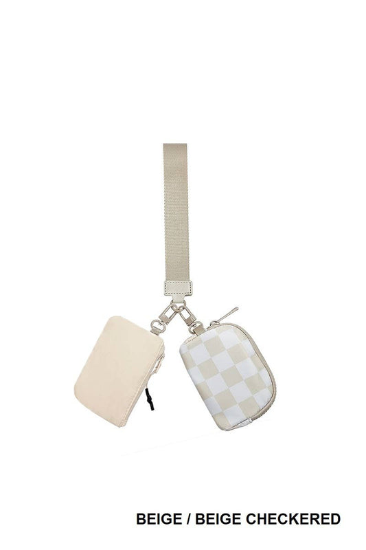Dual Pouch Wristlet Keychain Wallet: BEIGE/BEIGE CHECKERED