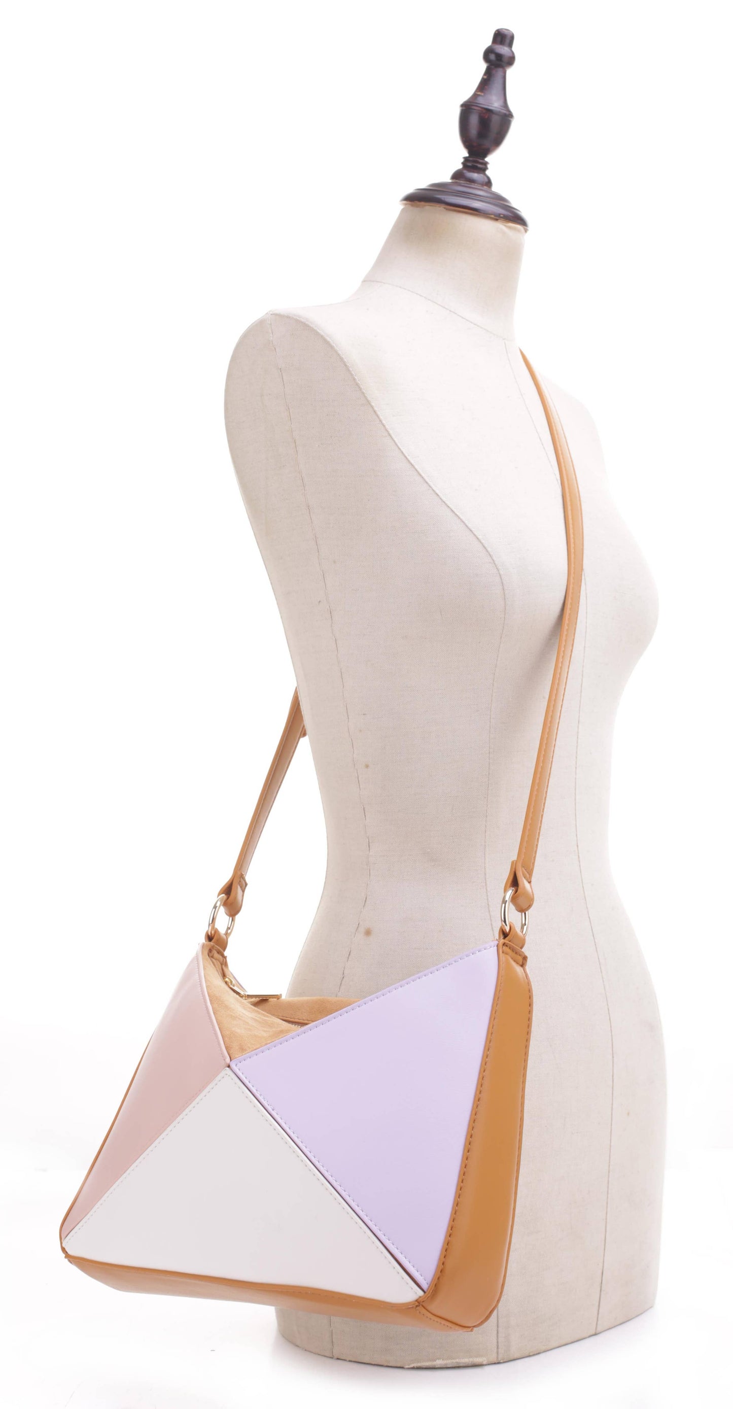 Geometric Color Block Triangle Fold Crossbody Bag: Brown