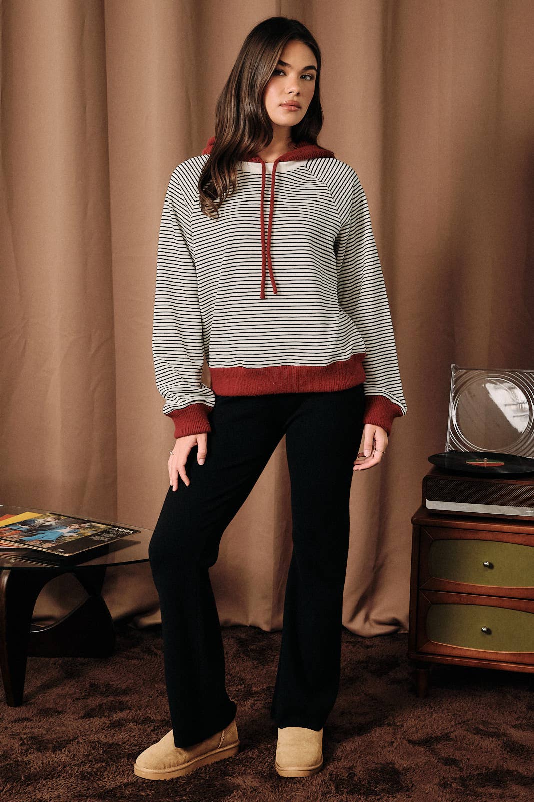Raglan Long Sleeve Striped Knit Hoodie