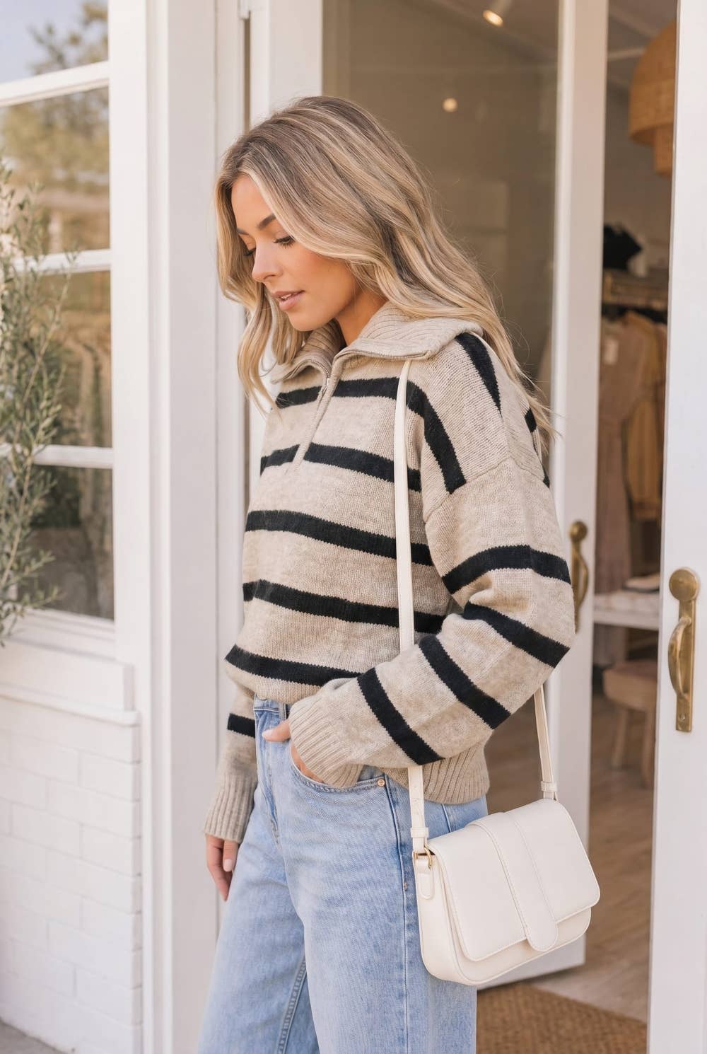 Taupe Black Quarter Zip Stripe Sweater
