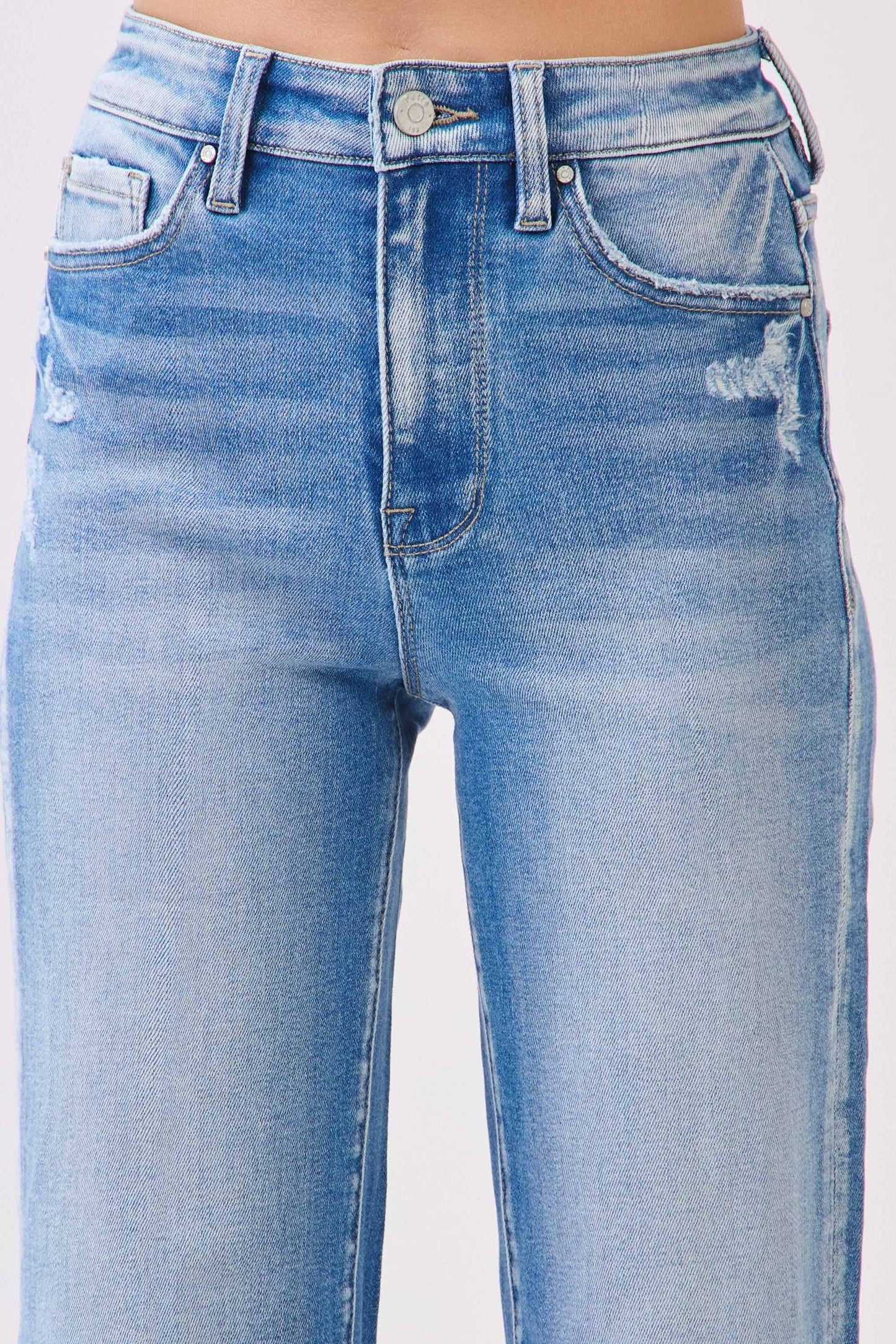 HIGH RISE STRETCH  WIDE LEG  DESTROYED HEM JEANS