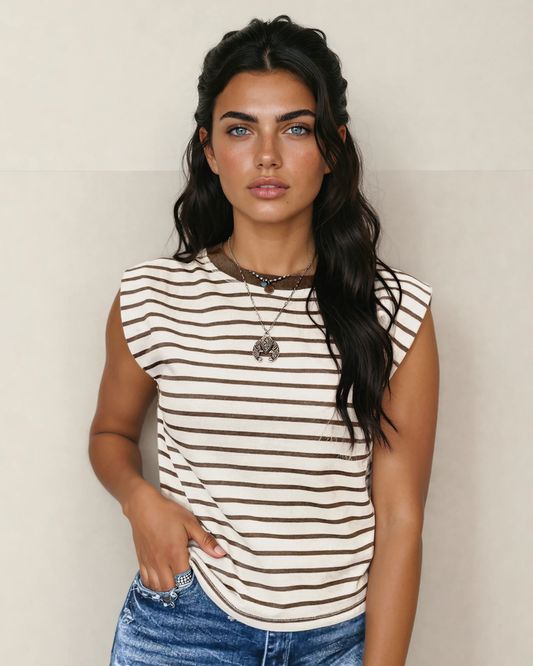 Brown Striped Cap Sleeve Shirt
