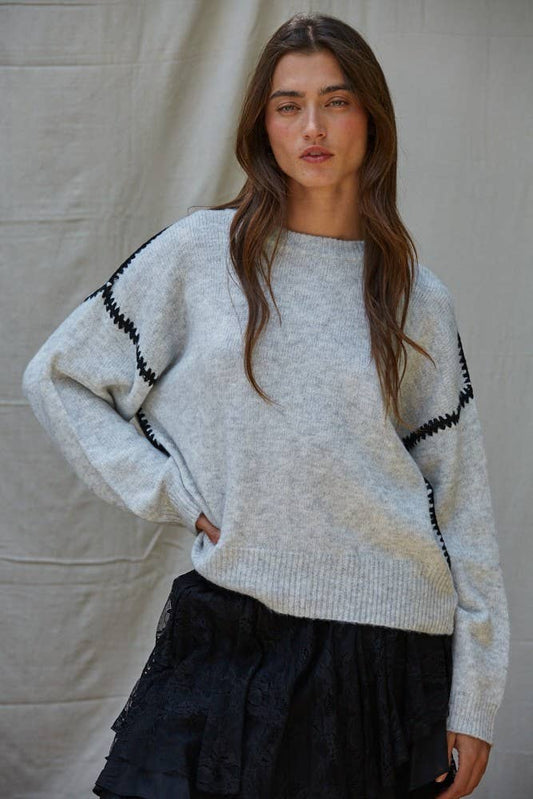 Stitch Detailed Crew Neck Pullover