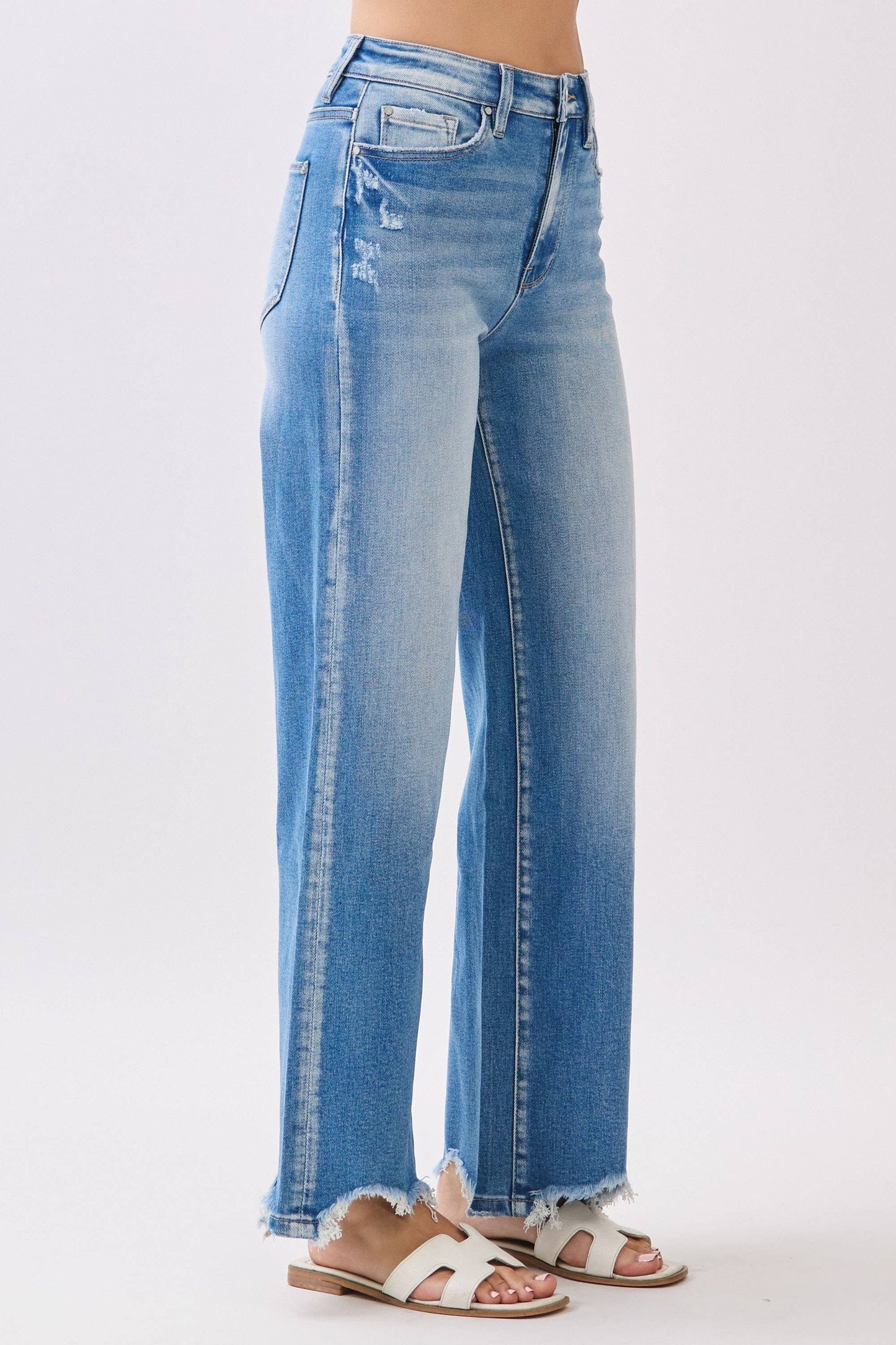 HIGH RISE STRETCH  WIDE LEG  DESTROYED HEM JEANS
