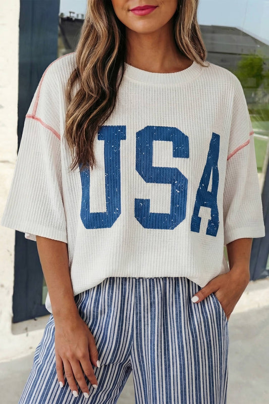USA Graphic Half Sleeve Ribbed Top