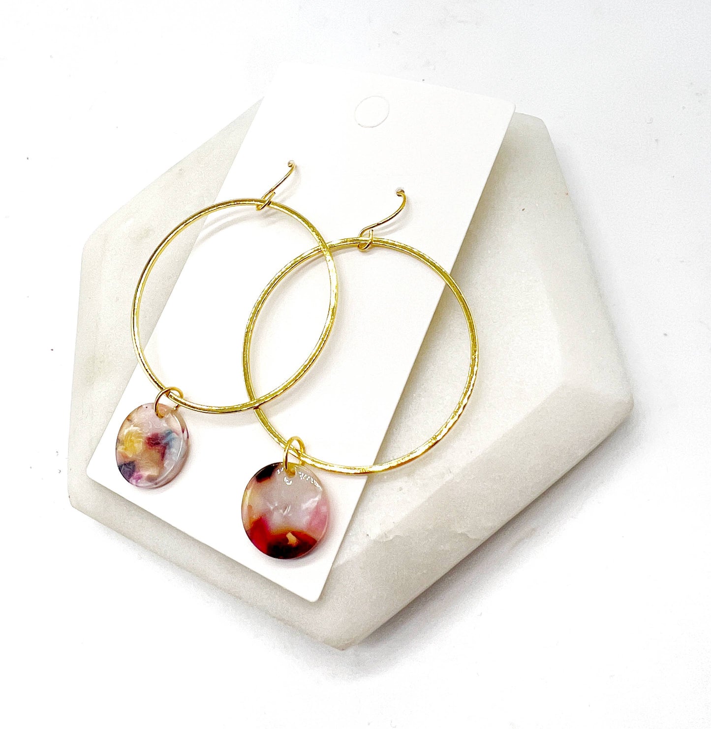 Gold Metal Hoop Earrings Multi-Color Acrylic Disc Statement