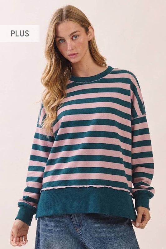 Curvy Pink/Green Striped Sweatshirt