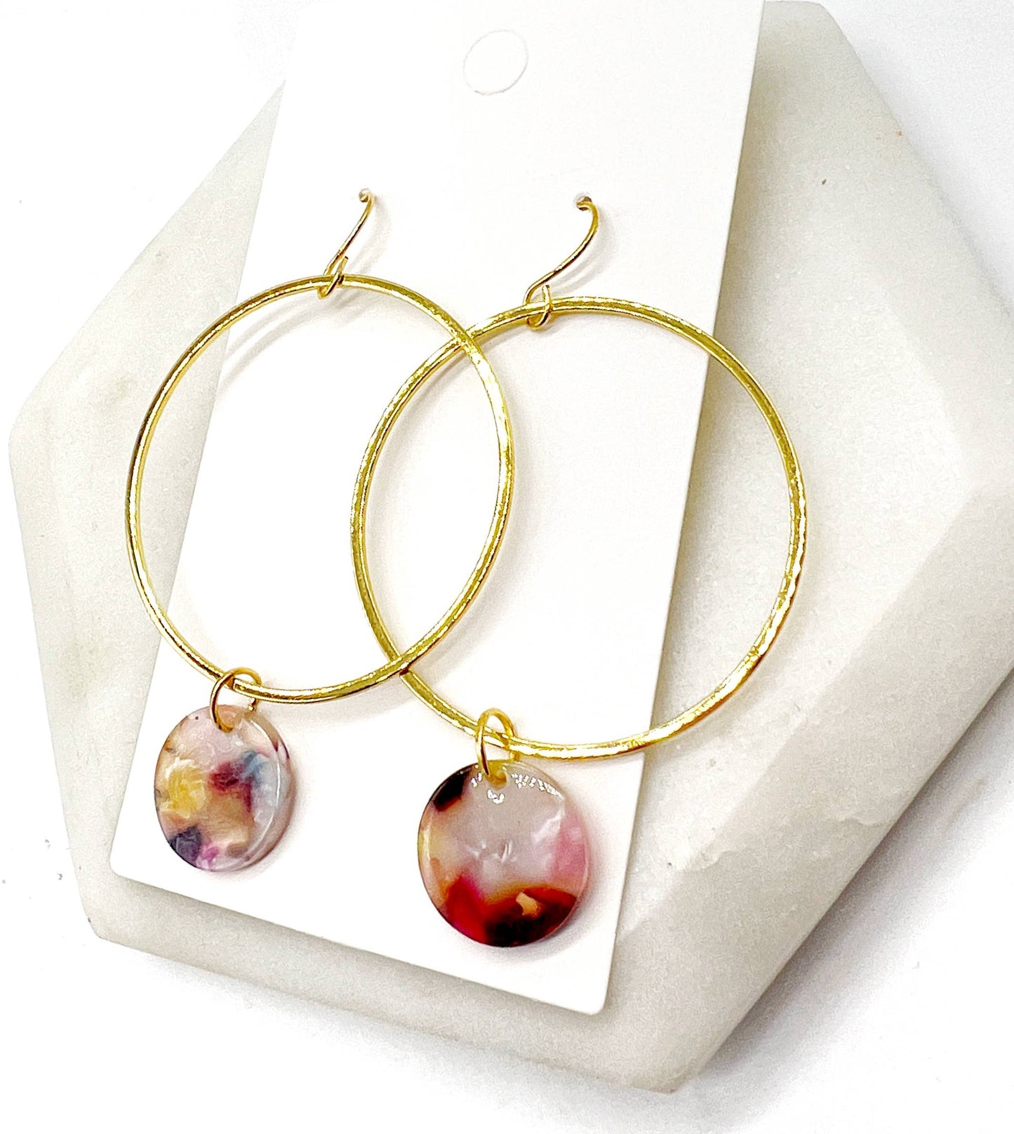 Gold Metal Hoop Earrings Multi-Color Acrylic Disc Statement