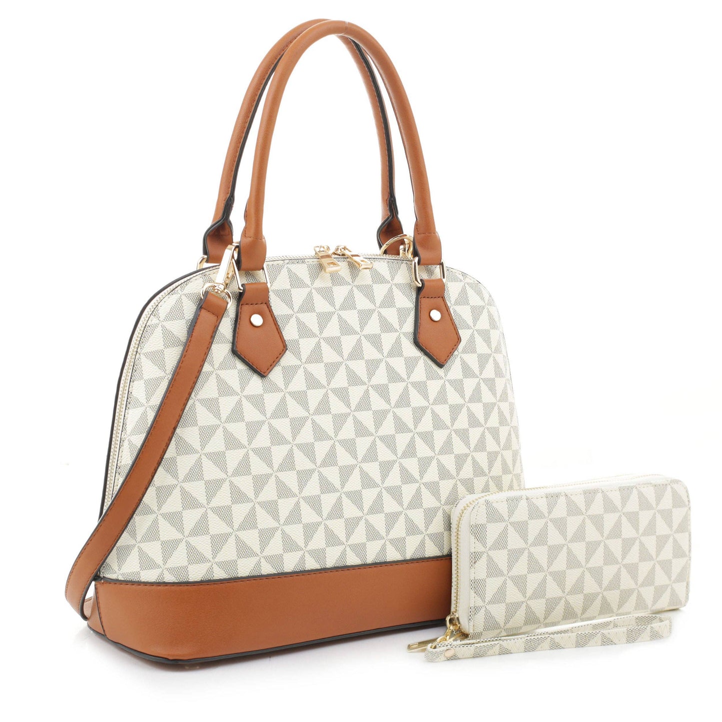 Geometric Monogram Designer Dome Satchel Set: Beige/Brown
