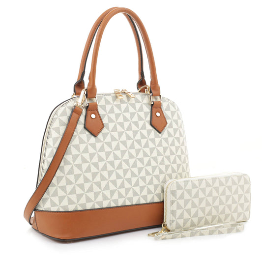 Geometric Monogram Designer Dome Satchel Set: Beige/Brown
