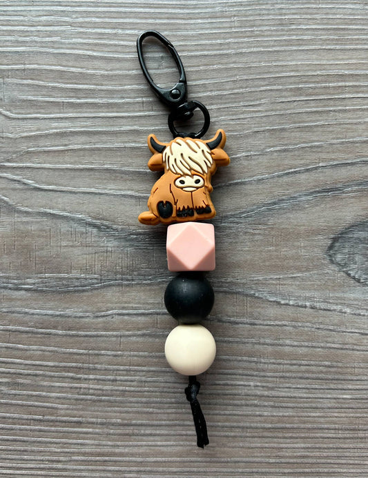 Highland Cow Silicone Beaded Keychain: Brown