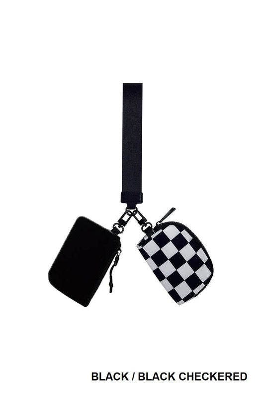 Dual Pouch Wristlet Keychain Wallet: BLACK/BLACK CHECKERED