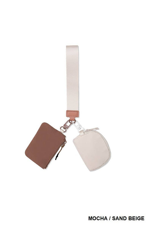 Dual Pouch Wristlet Keychain Wallet: MOCHA/SAND BEIGE