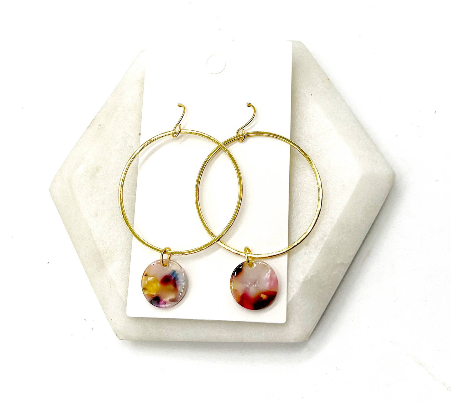 Gold Metal Hoop Earrings Multi-Color Acrylic Disc Statement