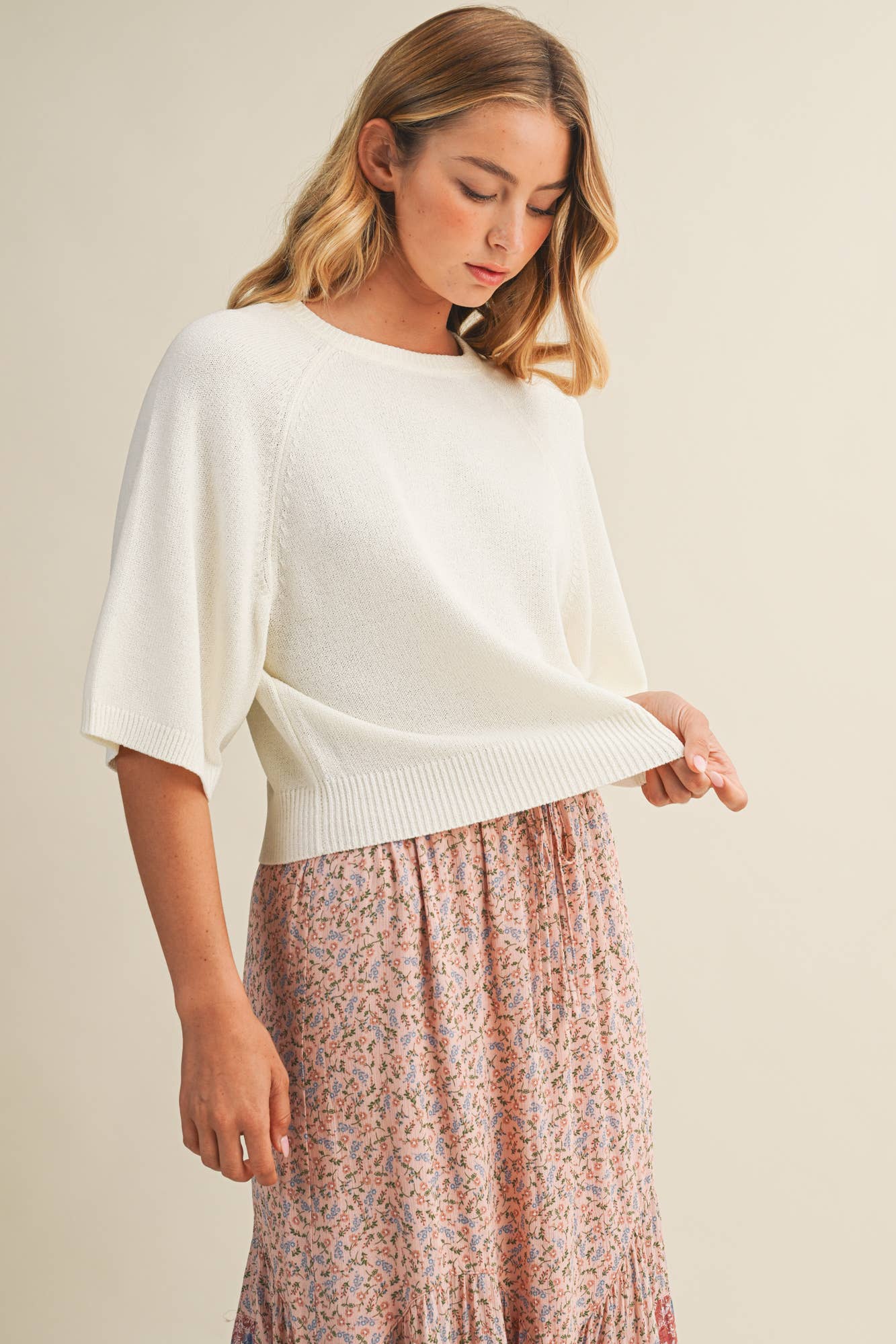 Cream Raglan Short Sleeve Sweater