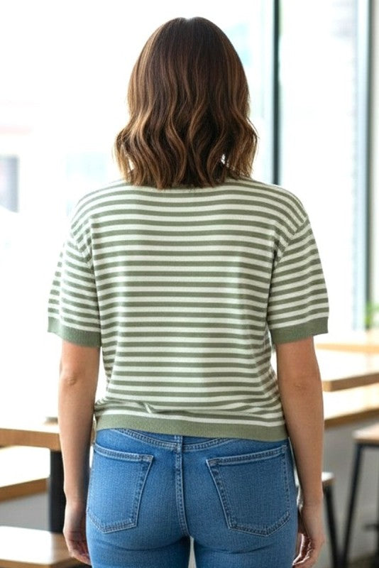 Sage Striped Short Sleeve Sweater