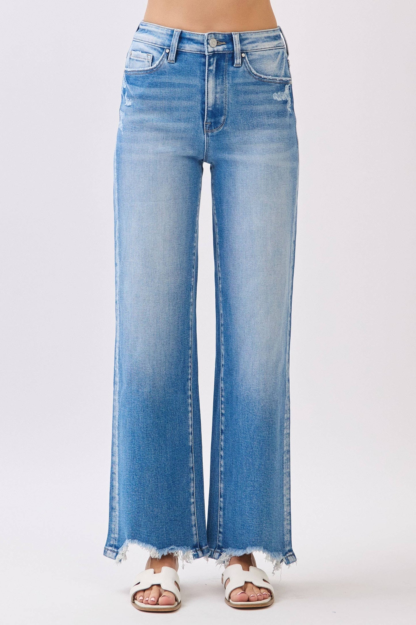 HIGH RISE STRETCH  WIDE LEG  DESTROYED HEM JEANS