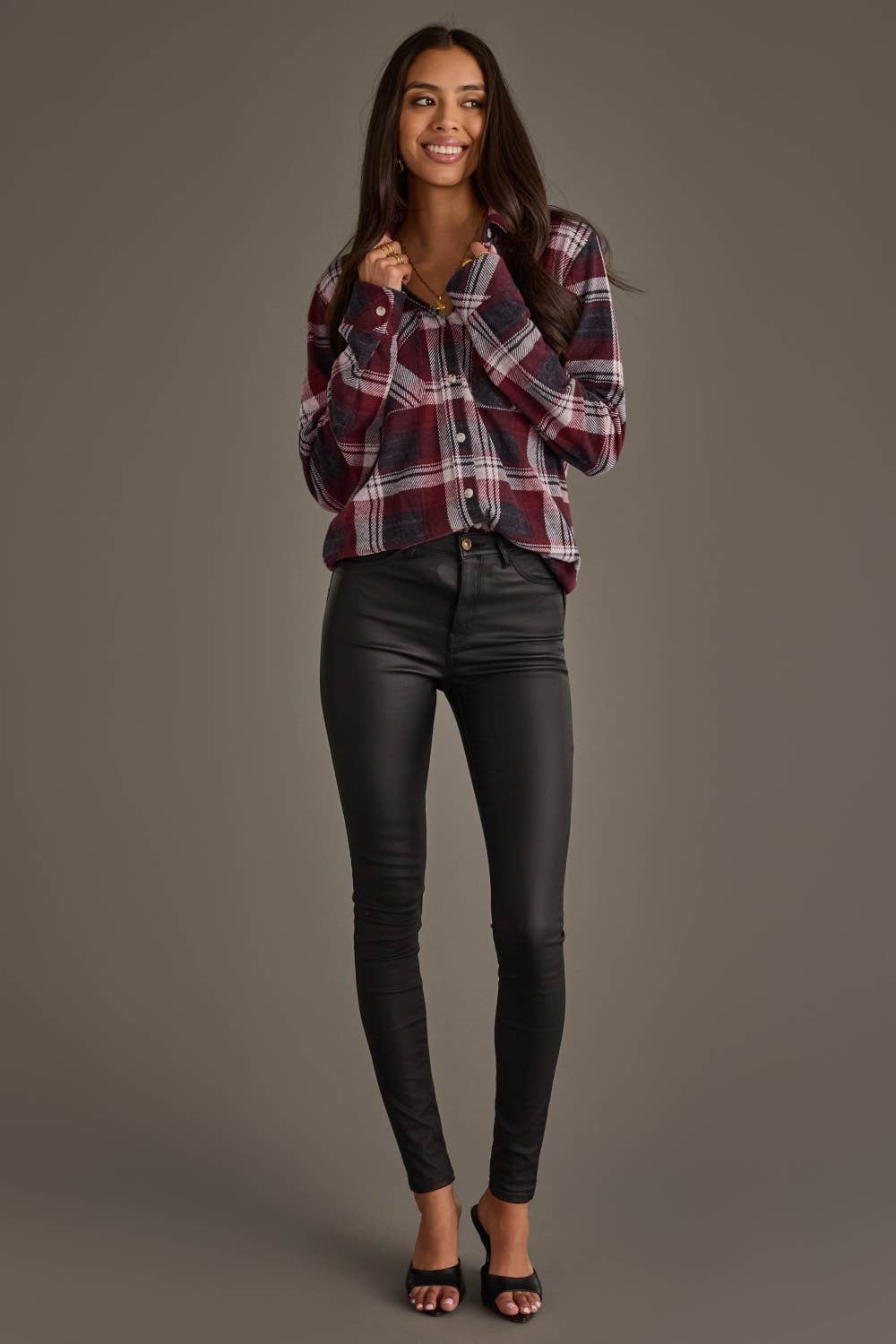 Maroon, Charcoal & White Plaid Button Up
