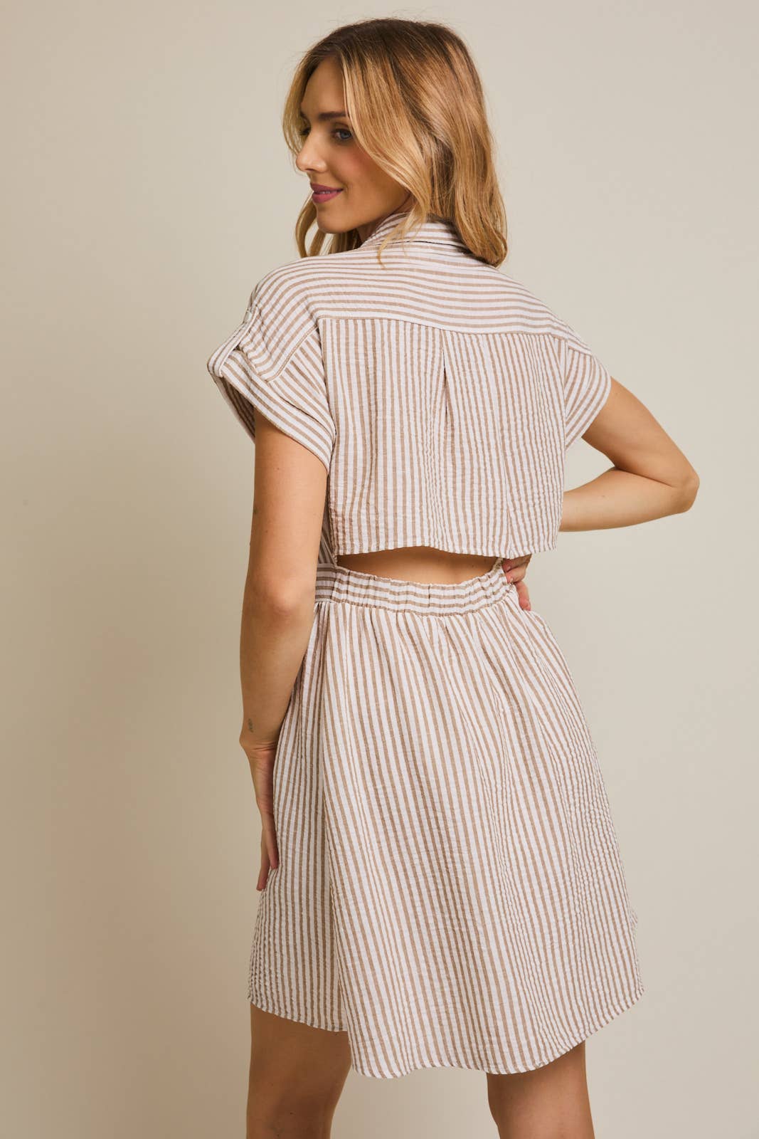 White and Taupe Striped Dress
