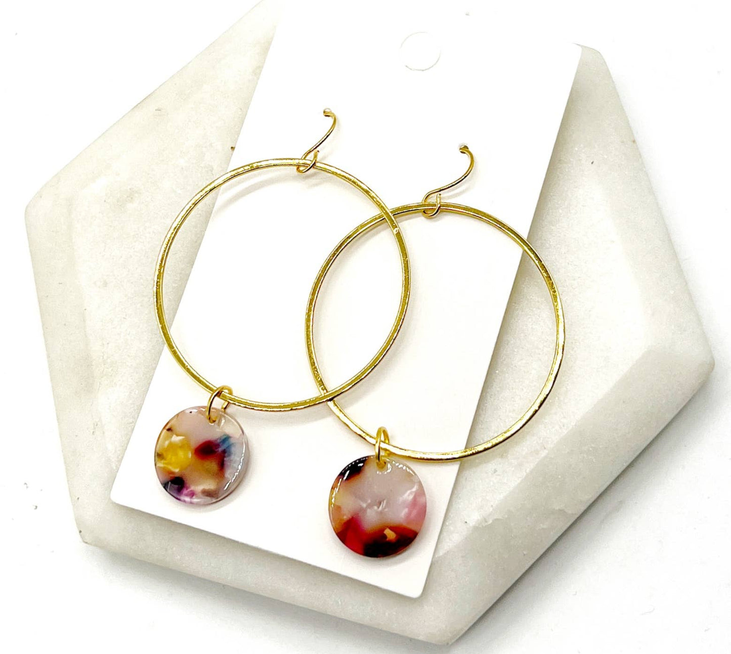 Gold Metal Hoop Earrings Multi-Color Acrylic Disc Statement