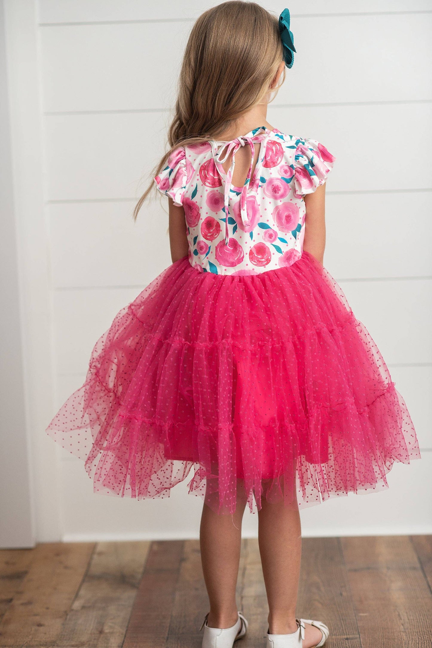 Girls Bright Pink Rose Tiered Tulle Dress