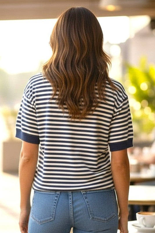 Navy Striped Short Sleeve Sweater