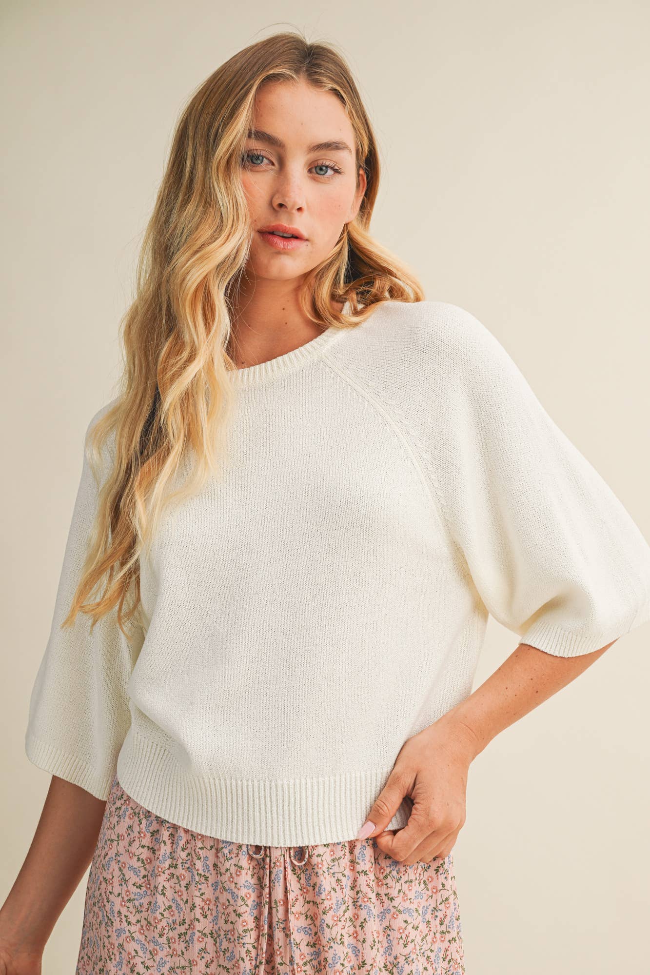 Cream Raglan Short Sleeve Sweater