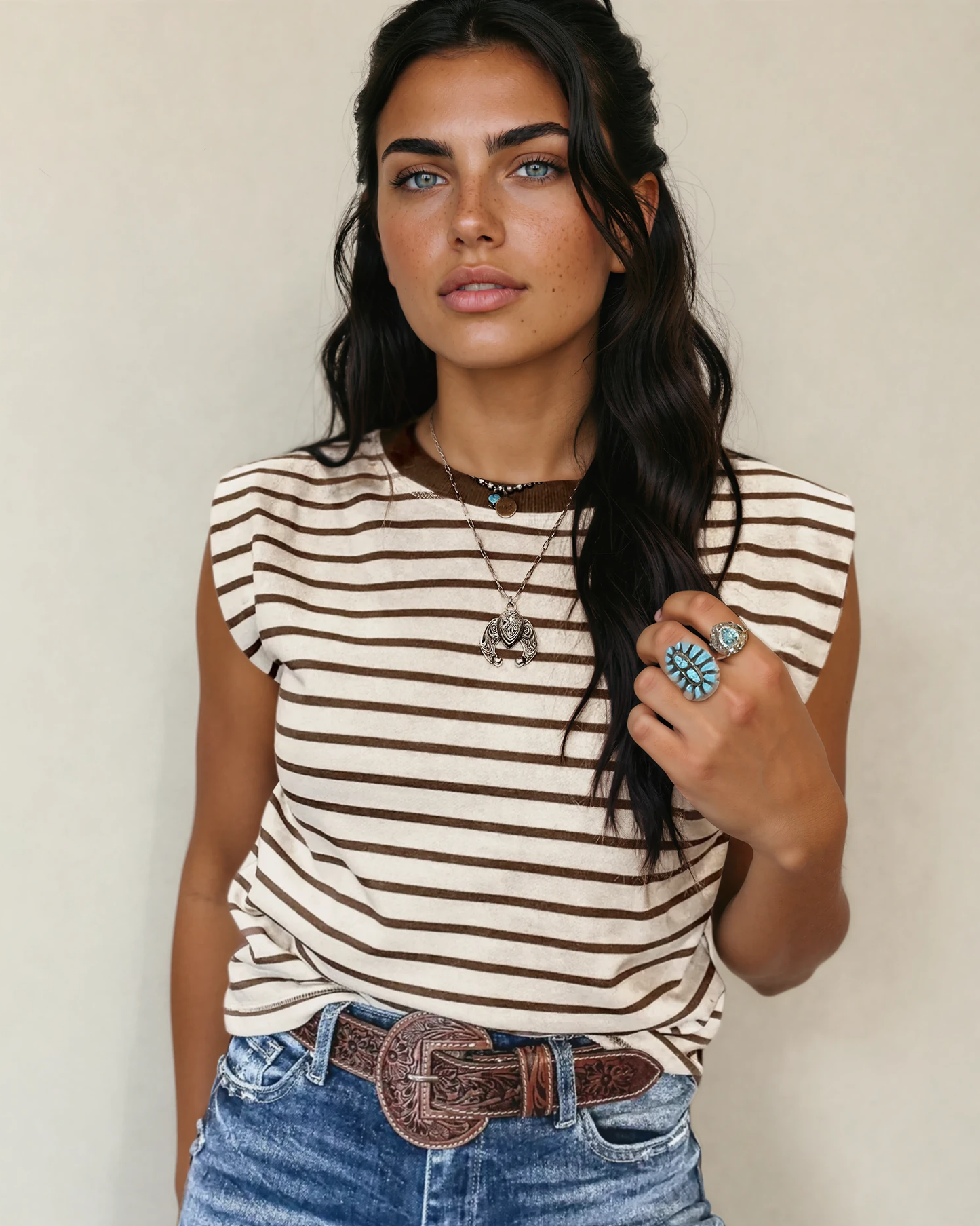Brown Striped Cap Sleeve Shirt